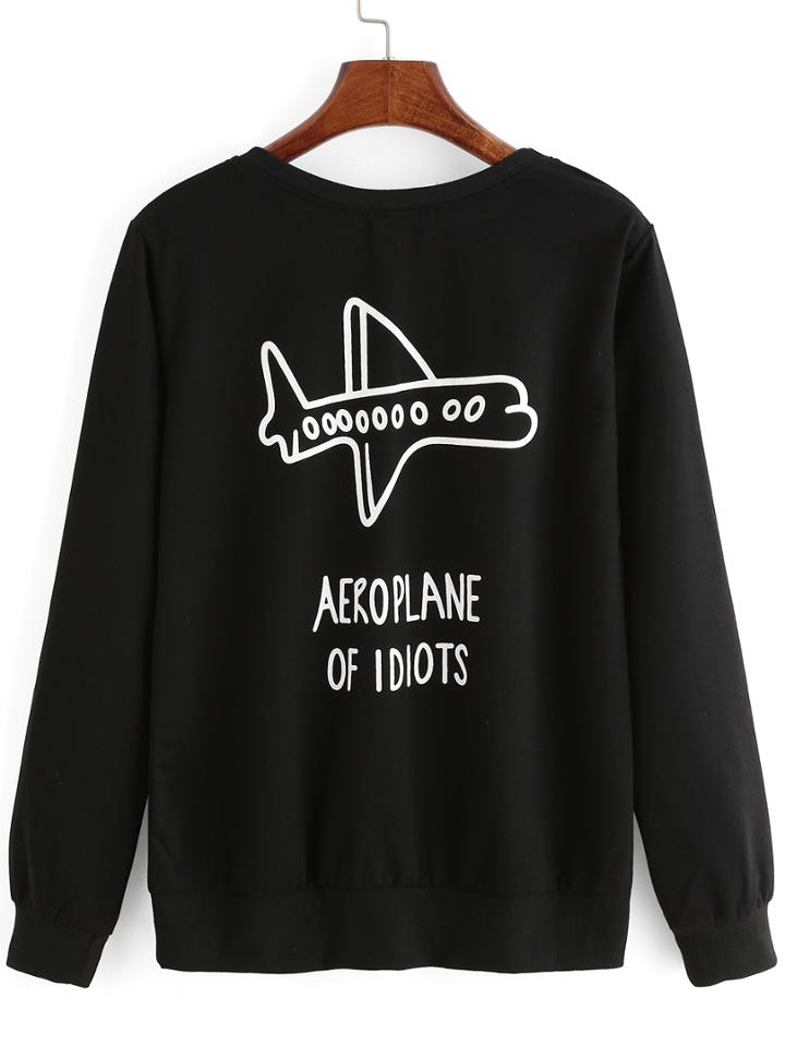 Romwe Aircraft Print Boyfrined Sweatshirt
