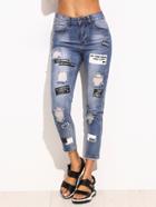 Romwe Blue Ripped Letter Print Skinny Ankle Jeans