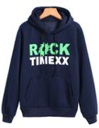 Romwe Hooded Rock Print Blue Sweatshirt