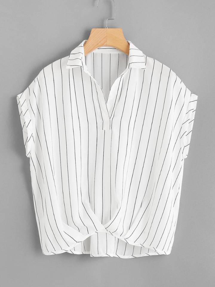 Romwe Pinstriped Dip Hem Blouse