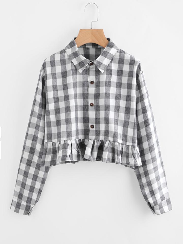Romwe Ruffle Hem Checkered Crop Blouse