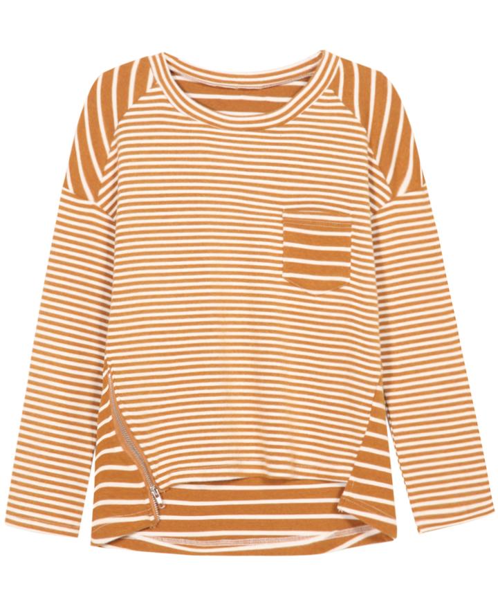 Romwe Dip Hem With Zipper Striped Loose T-shirt