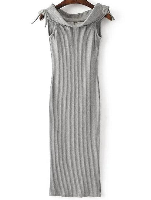 Romwe Grey Off The Shoulder Slit Dress With Bow Tie