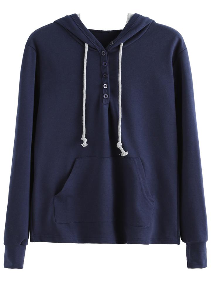 Romwe Navy Button Front Drawstring Hooded Sweatshirt