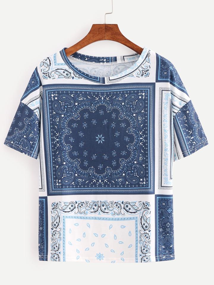 Romwe Blue Paisley Print T-shirt