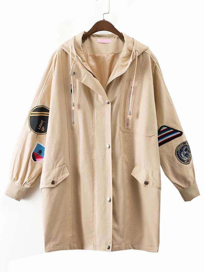 Romwe Khaki Embroidery Drawstring Hooded Coat