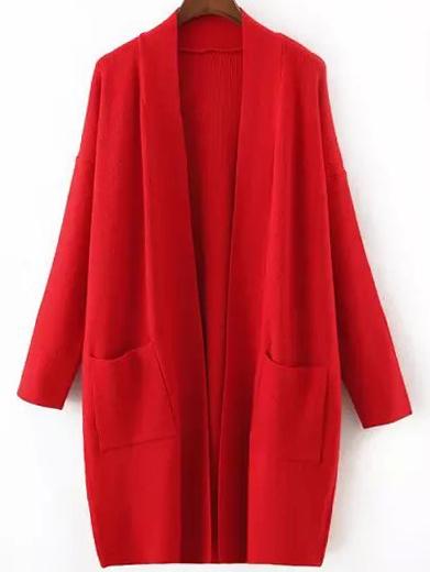 Romwe Women Long Sleeve Pockets Red Coat Sweater