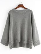 Romwe Dip Hem Split Loose Grey Sweater