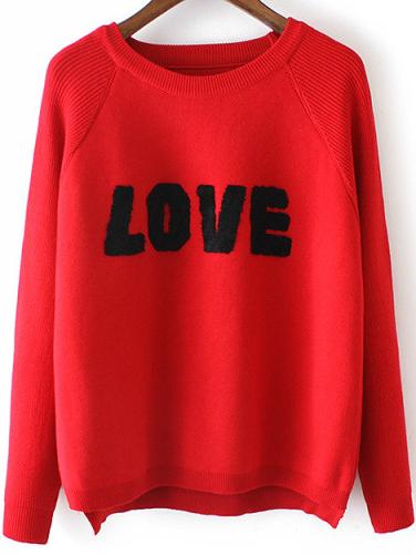 Romwe Red Crew Neck Sweater With Contrast Letter Pattern