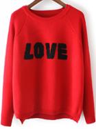 Romwe Red Crew Neck Sweater With Contrast Letter Pattern