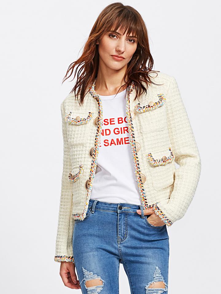 Romwe Colorful Braided Trim Tweed Blazer