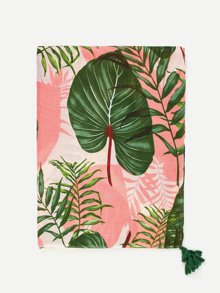 Romwe Leaf Print Tassel Decorated Scarf