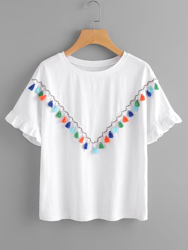 Romwe Colorful Tassel Trim Frilled Sleeve Tee