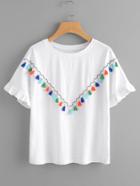 Romwe Colorful Tassel Trim Frilled Sleeve Tee