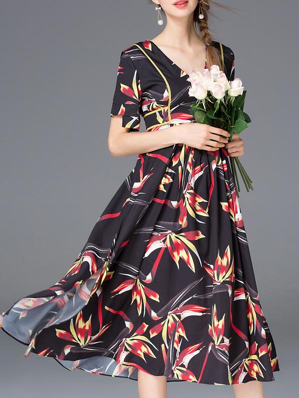 Romwe Black V Neck Print Obi A-line Dress