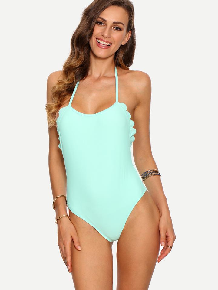Romwe Mint Green Scalloped Trim Backless One-piece Swimwear