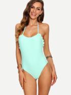 Romwe Mint Green Scalloped Trim Backless One-piece Swimwear