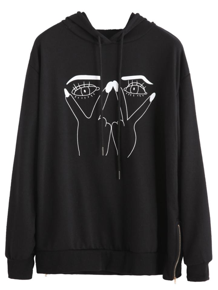 Romwe Black Gesture Print Zip Side Hooded Sweatshirt