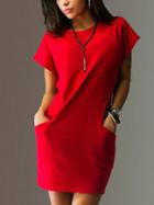 Romwe Dual Pocket Front Shift Dress - Red