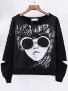 Romwe Graffiti Print Cutout Sweatshirt