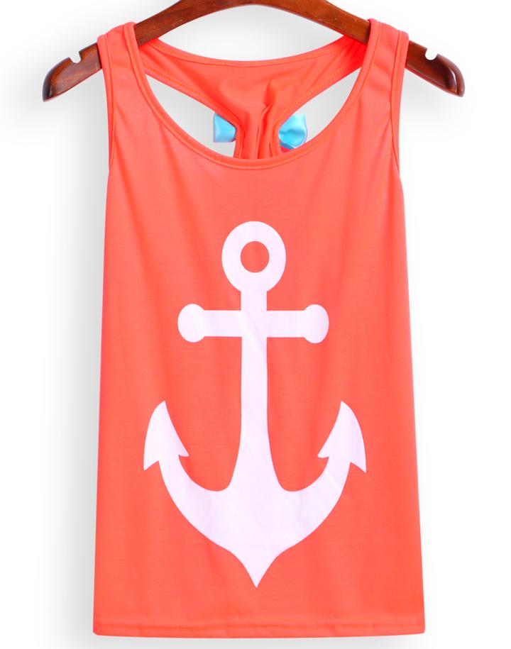 Romwe Anchors Print Orange Tank Top
