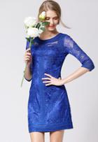 Romwe Blue Half Sleeve Hollow Embroidered Dress