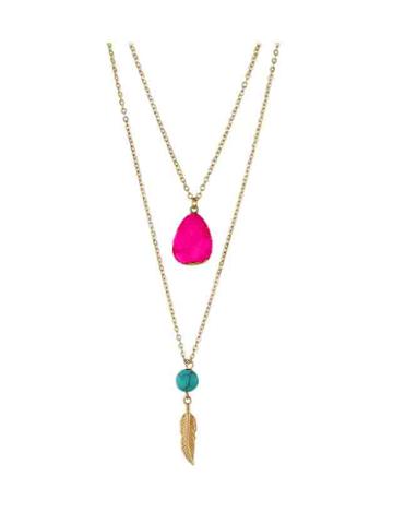Romwe Hotpink Boho Style Double Layer Artificial Turquoise Feather Pendand Necklace