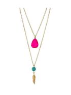Romwe Hotpink Boho Style Double Layer Artificial Turquoise Feather Pendand Necklace