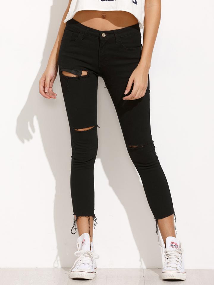 Romwe Black Ripped Frayed Denim Pants