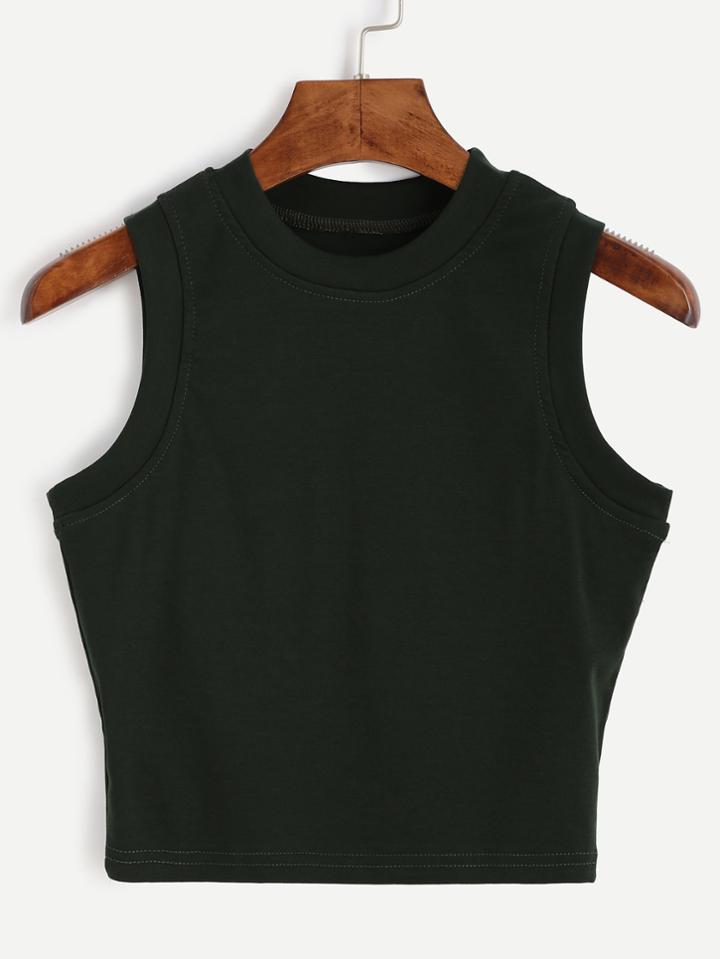 Romwe Dark Green Mock Neck Crop Tank Top