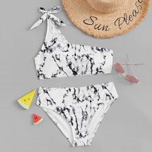 Romwe One Shoulder Random Marble Bikini Set