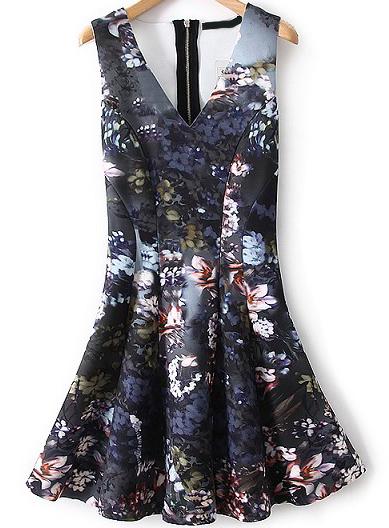Romwe V Neck Floral Print Flouncing Dress