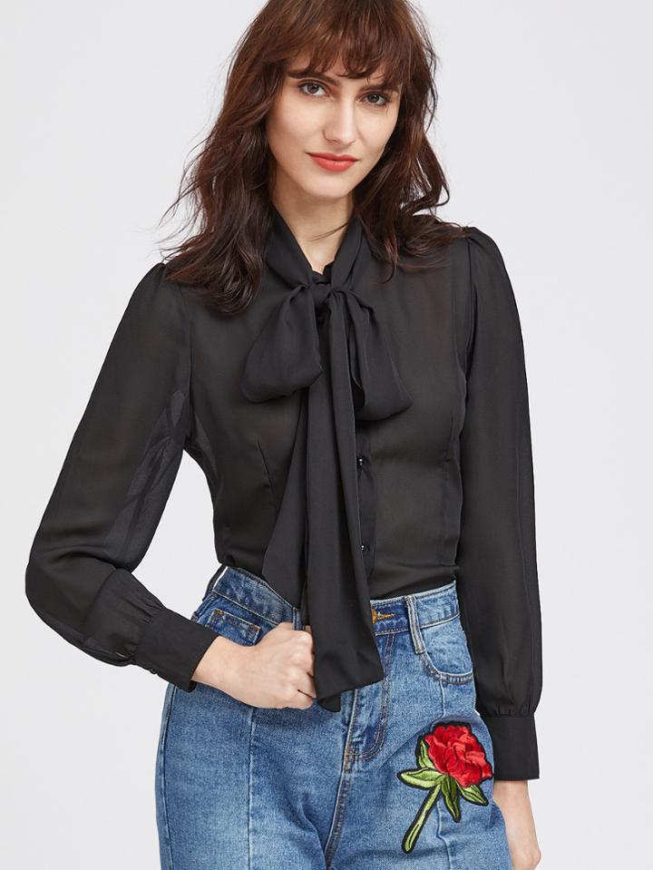 Romwe Bow Tie Neck Curved Hem Shirt