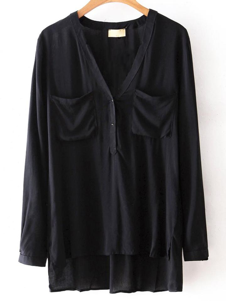 Romwe Black V Neck High Low Pocket Blouse