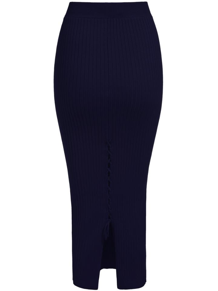 Romwe Navy Back Split Bandage Knit Skirt