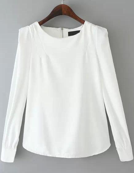 Romwe White Round Neck Long Sleeve Zipper Blouse
