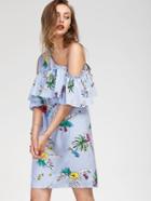 Romwe Oblique Shoulder Layered Frill Tropical Print Dress