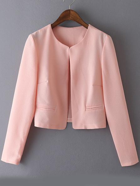 Romwe Pink Round Neck Casual Crop Coat