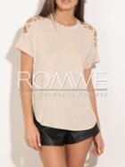 Romwe Nude Crew Neck Cross Hollow Dip Hem T-shirt