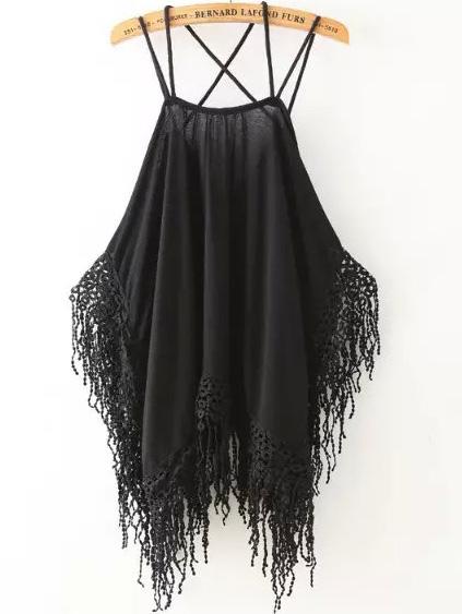 Romwe Spaghetti Strap Crochet Tassel Black Top