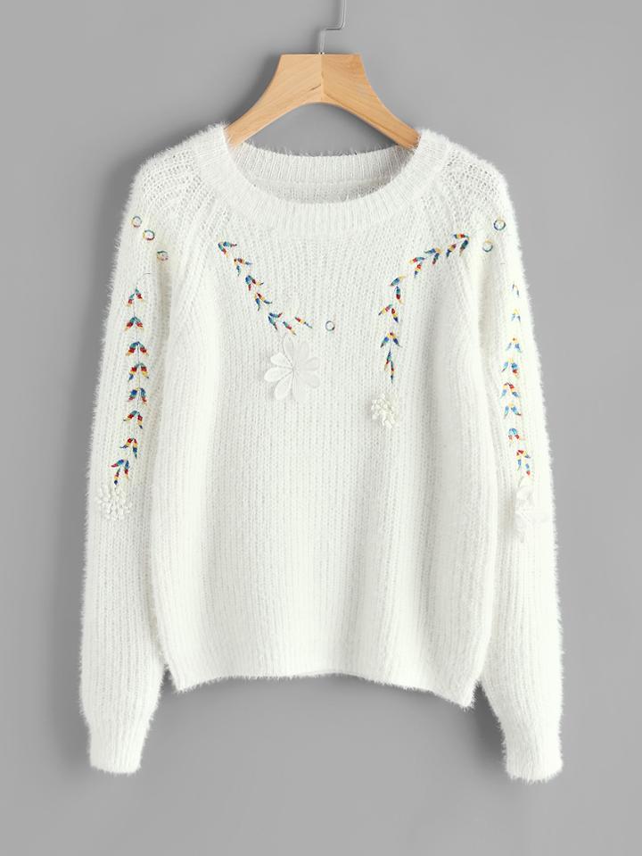 Romwe Flower Applique Embroidered Fuzzy Jumper