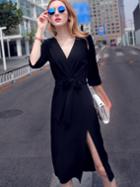 Romwe Black V Neck Half Sleeve Tie-waist Thigh Split Dress
