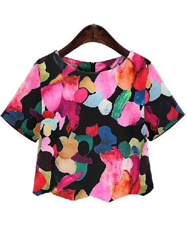 Romwe Black Round Neck Floral Crop Blouse