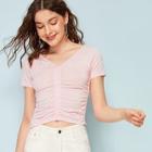Romwe Solid Ruched V-neck Crop Tee