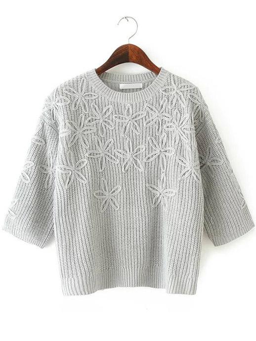 Romwe Round Neck Disc Flowers Grey Sweater