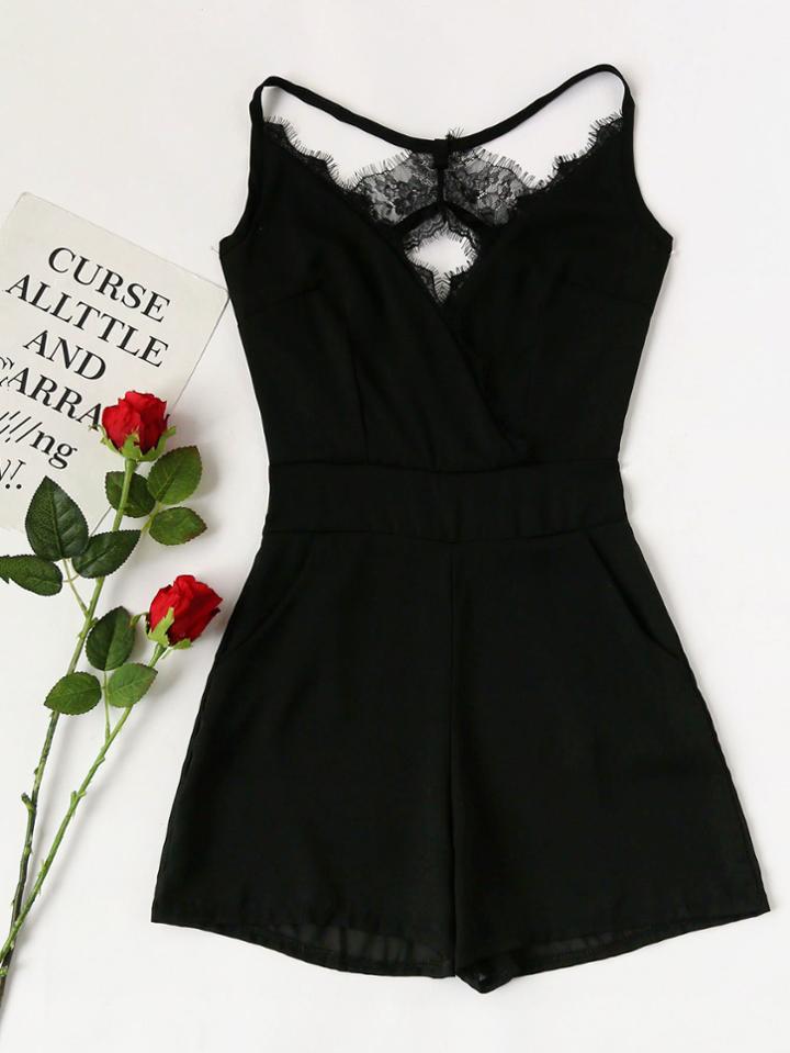 Romwe Strappy Detail Lace Trim Surplice Romper
