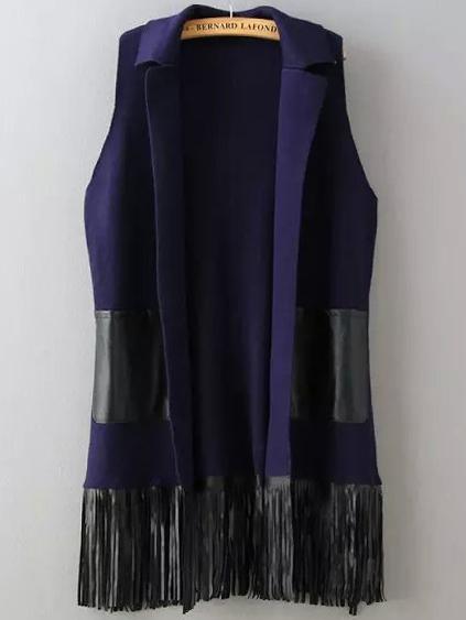 Romwe Contrast Pu Leather Pockets Tassel Navy Sweater Vest