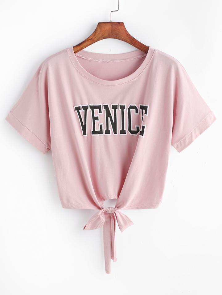 Romwe Pink Letters Knotted T-shirt