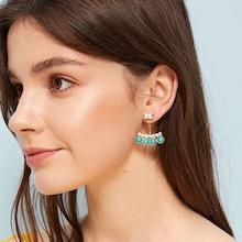 Romwe Rhinestone & Turquoise Engraved Ear Jacket 1pair