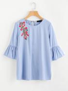 Romwe Bell Sleeve Lace Up Back Embroidery Top